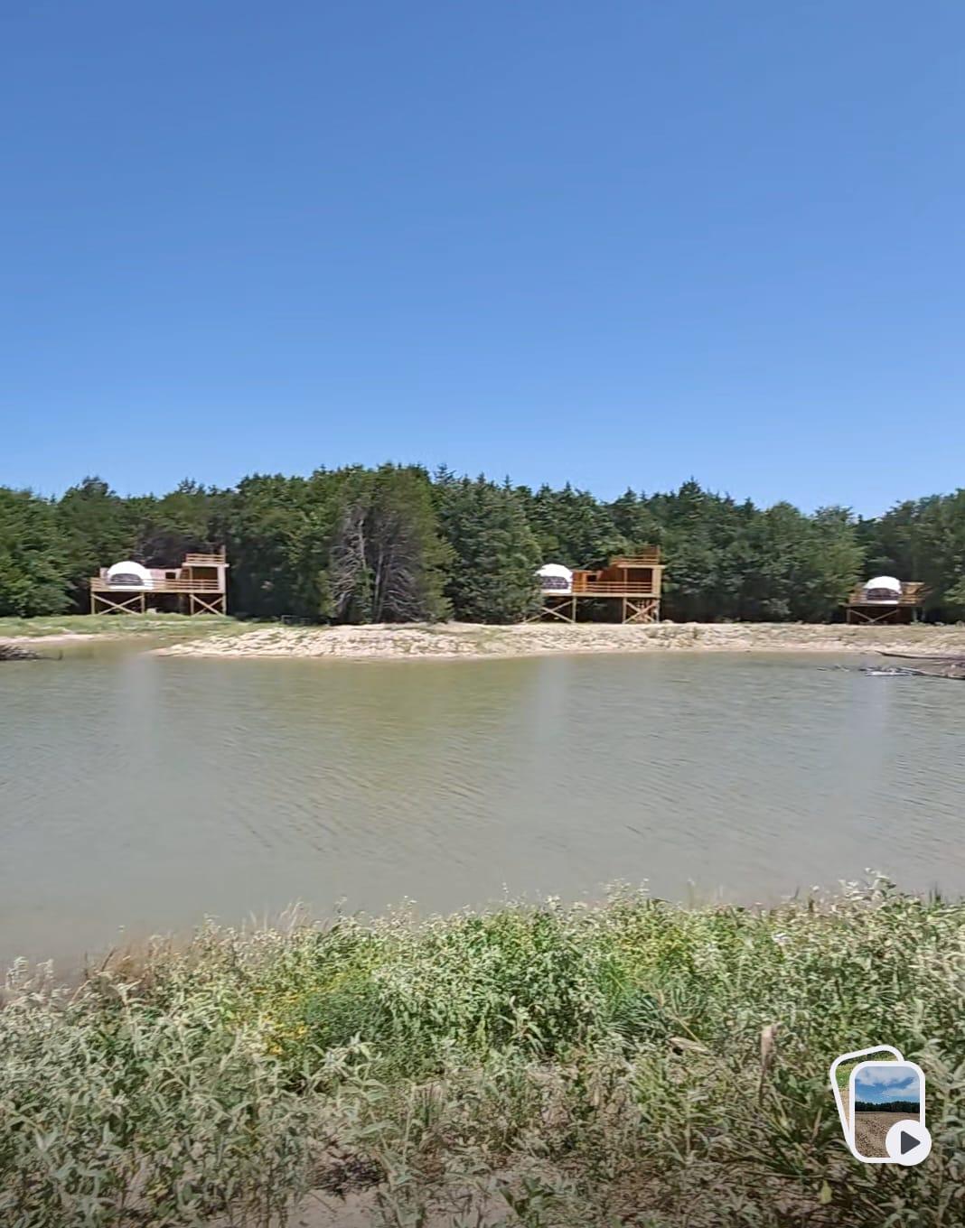 Raised glamping accommodations along a wooded waterfront.